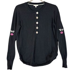 Rare Lisa Todd Sweater Black w Red Lipstick Face Elbow Patch Crew Neck Pullover